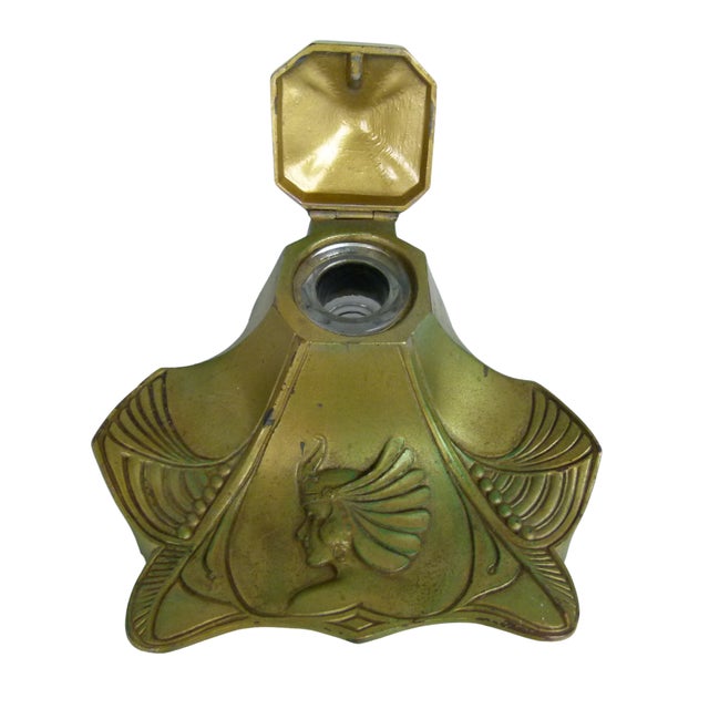 Brass Antique Art Nouveau Brass Inkwell With Original Glass Liner . Jugendstil Desktop Decor . Early 1900s Goddess Motif For Sale - Image 8 of 11