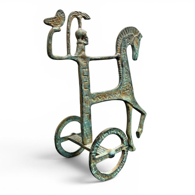 Vintage 1950s patinated bronze sculpture of the Athena on her chariot. The Greek goddess of war is depicting in action,...