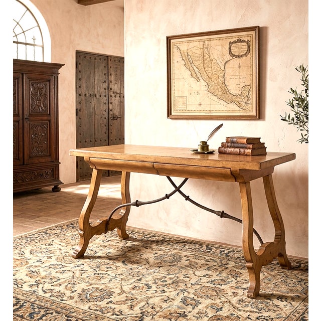 Early 20th Century Antique Spanish Writing Desk or Console Table With Iron Stretcher - Circa Early 20th Century For Sale - Image 5 of 7