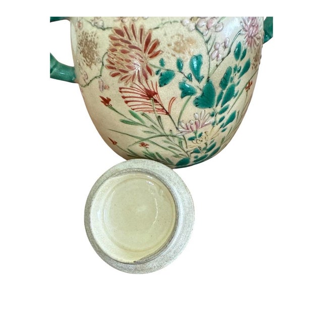 Tan Vintage Japanese Satsuma Style Tea Set Hand Painted Floral Crackle Glaze Green Handles - Set of 7 For Sale - Image 8 of 12