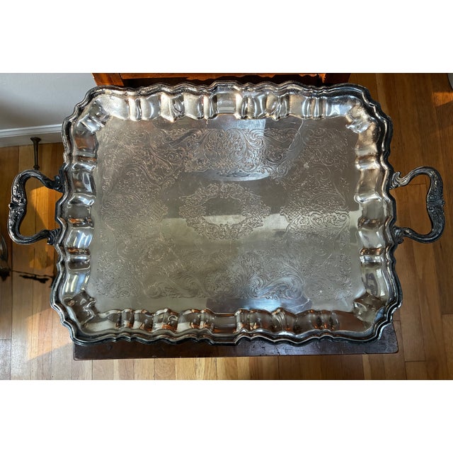 Vintage Mid-Century Cut Crystal Footed Compote Bowl & Ornate Engraved Silver-Plated Butler’s Tray - 2-Piece Set For Sale In New York - Image 6 of 8