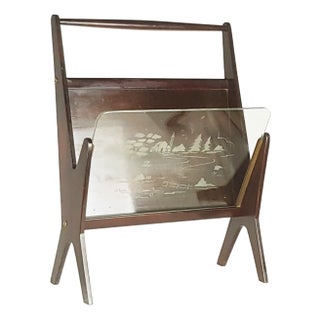 Italian Stained Plywood & Decorated Glass Magazine Rack, 1950s For Sale