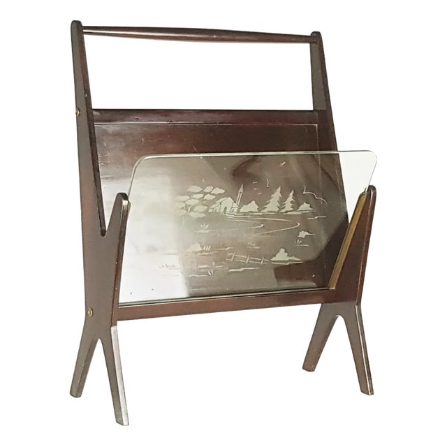 Italian Stained Plywood & Decorated Glass Magazine Rack, 1950s For Sale