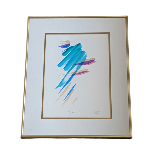 Postmodern Contemporary Abstract Brushstroke Painting Titled "Colors" Encased in a Gold Metal Frame behind Glass Pencil...