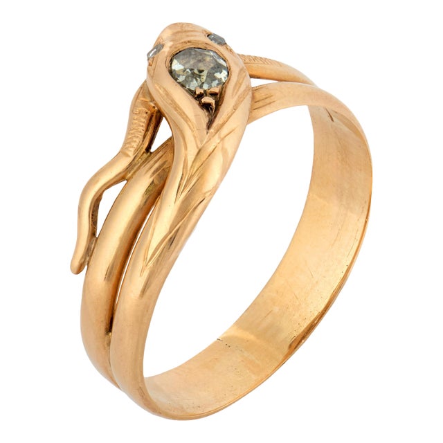 19th Century Victorian Rose Cut Diamond 14k Rose Gold Snake Ring, Size 11.5 For Sale