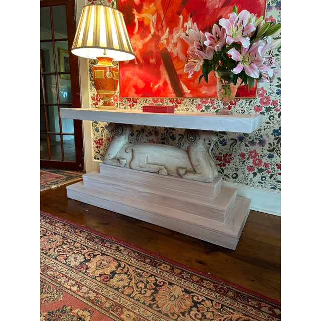 1930’ks Style Three Tier Pickled Oak Ram Console Table With Goats For Sale - Image 10 of 10