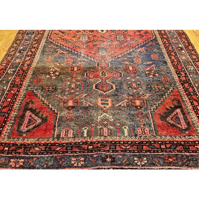Vintage Persian Hamadan Rug, Hand-Knotted Wool, Geometric Medallion Pattern, Moss Green & Red, 4x7 For Sale - Image 17 of 18