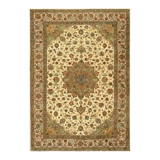 1940s Beige Mid Century Modern Medallion Tabriz Handknotted Silk Highlights Rug For Sale