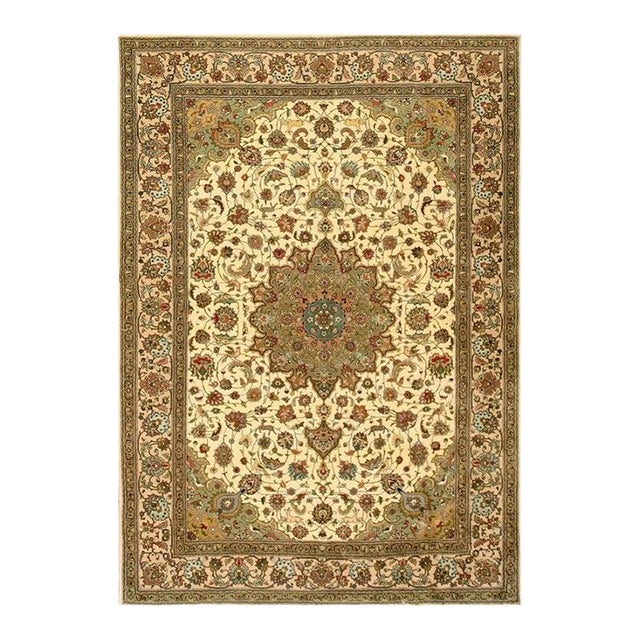 1940s Beige Mid Century Modern Medallion Tabriz Handknotted Silk Highlights Rug For Sale