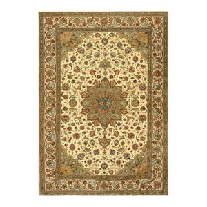 1940s Beige Mid Century Modern Medallion Tabriz Handknotted Silk Highlights Rug