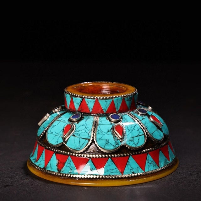 Tibetan/Nepalese Style Handmade Amber Butter Bowl — Inlaid Turquoise, Coral & Filigree Metal For Sale - Image 9 of 9