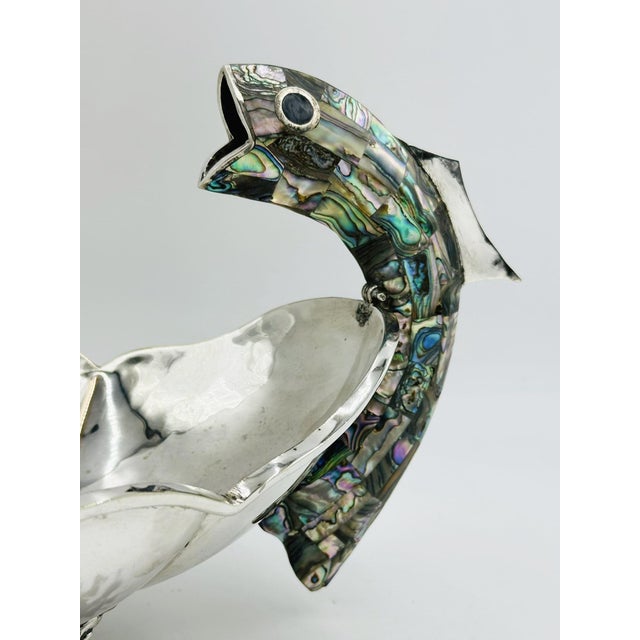 1960s Mexican Silver Plate Center Bowl With Abalone Fish Handles, Signed a.c.t. Taxco For Sale - Image 12 of 18