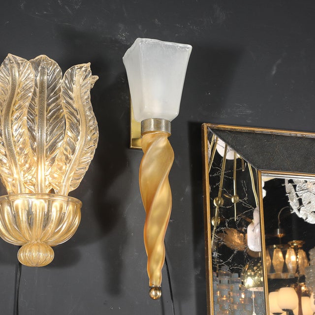 Mid-Century Hand-Blown Murano Frosted Glass Sconces With Spiral Amber Drop For Sale - Image 15 of 18