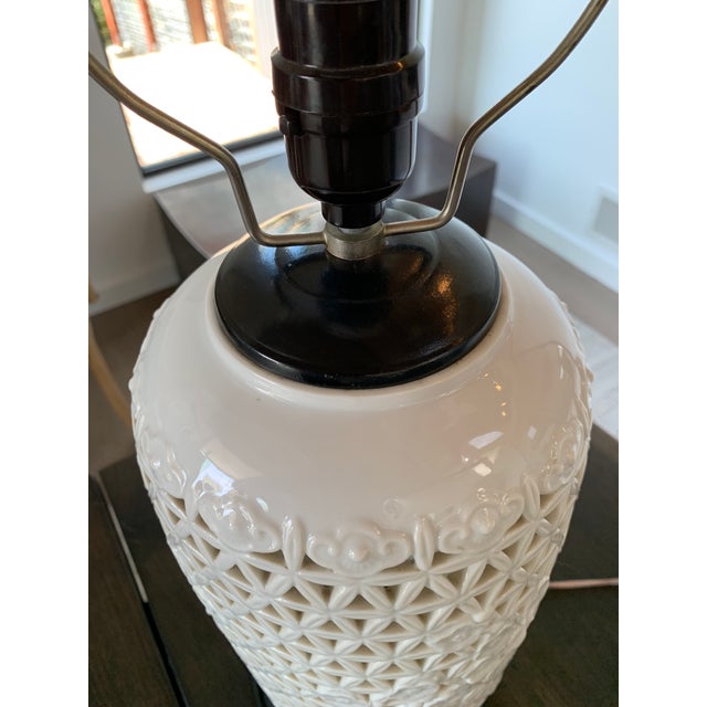 Early 20th Century Reticulated White Ginger Jar Lamp Wood Base and Cap