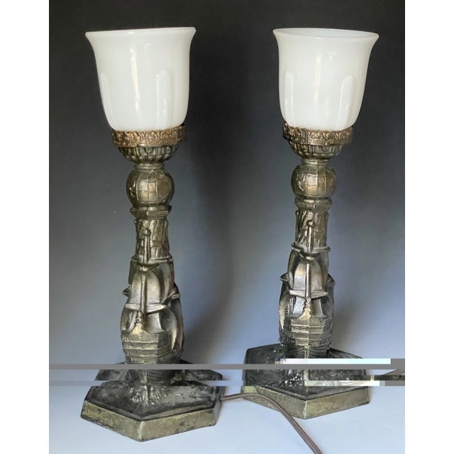Pair of Antique Art Deco 1921 Cast Nautical Accent Table Lamps W/ Ship & Globe For Sale - Image 9 of 17