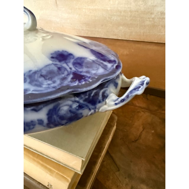 Antique English Flow Blue Covered Tureen | Staffordshire Serving Dish | Attributed Adams & Son | Victorian Transferware For Sale - Image 4 of 12