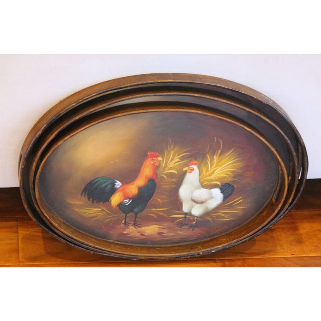 Farmhouse Set of 3 Vintage Hand Painted Wood Nesting Trays W/ Chickens and Roosters For Sale - Image 3 of 8