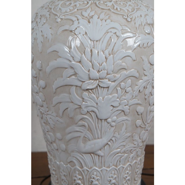 1972 Chapman Chinoiserie White Porcelain Floral Bird Relief Table Lamp For Sale - Image 6 of 12