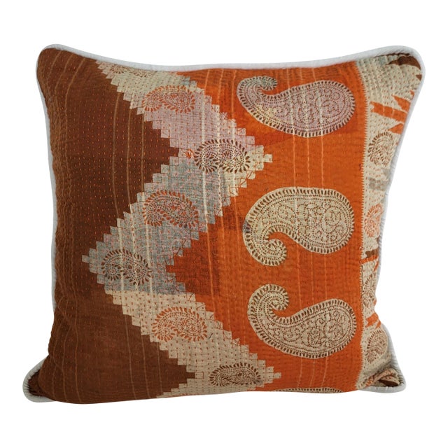Burnt Orange & Brown Paisley Kantha Cloth Throw Pillow For Sale
