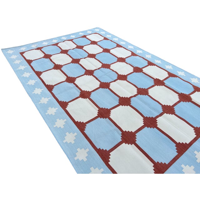 Handwoven Cotton Area Rug, Sky Blue and Terracotta Red Tile Swedish Dhurrie - 6'x9' For Sale - Image 11 of 13