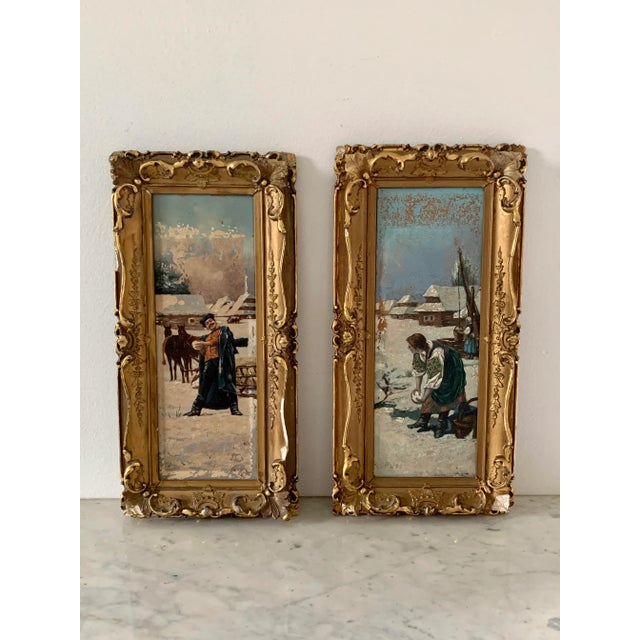 Antique 19th Century Russian Framed Oil on Board Paintings of a Snowball Fight, Pair For Sale - Image 13 of 13