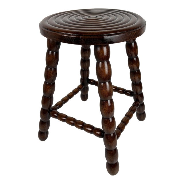 Mid-Century Turned Wood Bobbin Stool in the style of Charles Dudouyt, France, 1950s For Sale