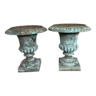 Vintage Pair French Country Cast Iron Verdigris Green Garden Urns Planters For Sale