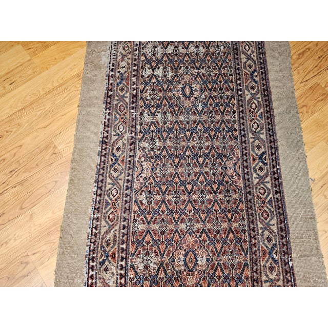 Antique Persian Serab Camel Hair Runner Rug, Hand-Knotted Wool, Allover Geometric Pattern, Red & Blue, 3x20 For Sale - Image 10 of 15