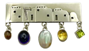 Circa 1980s Nakai Sterling Silver Gemstone Story Teller Brooch Signed