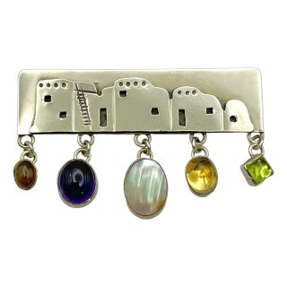 Native American Sterling Silver Gemstone Brooch Navajo Signed Nakai Pueblo Adobe Village For Sale