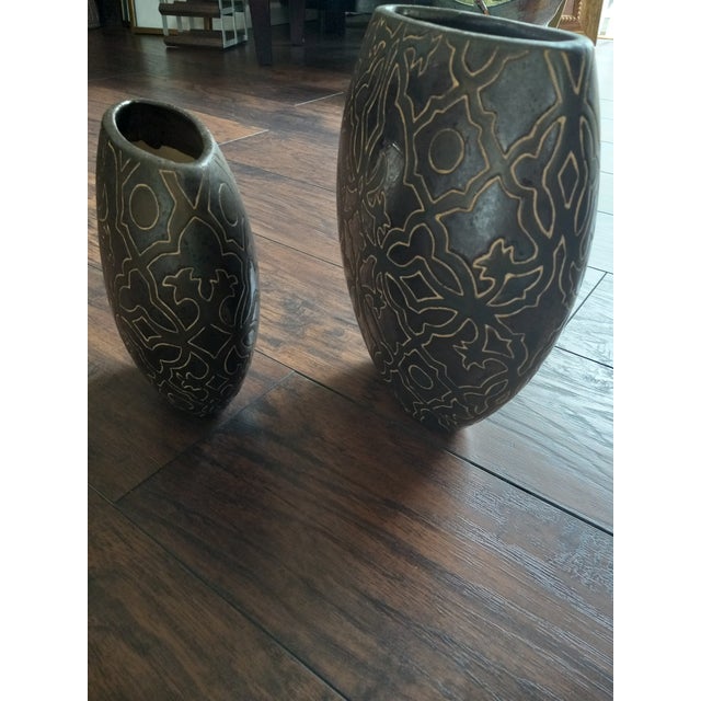 1990s 1990s Vintage Brown & Cream Ceramic Vases- Set of 2 For Sale - Image 5 of 9
