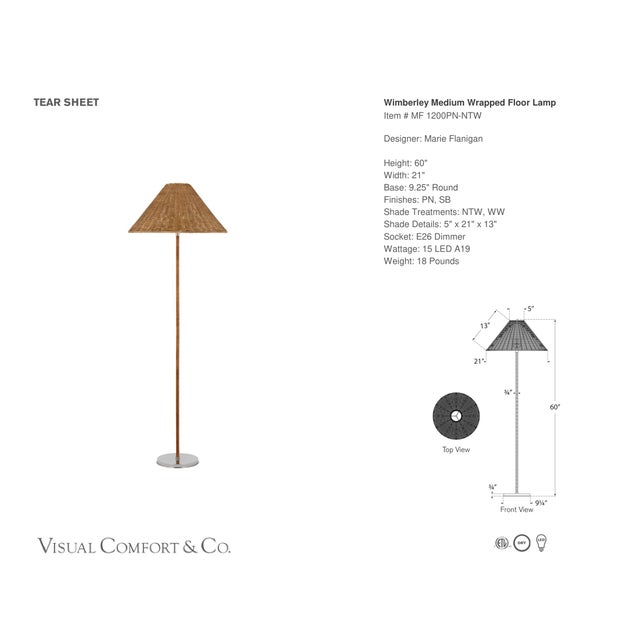 Marie Flanigan by Visual Comfort Signature Wimberley Medium Wrapped Floor Lamp in Polished Nickel with Natural Wicker...