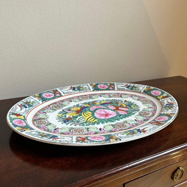 Ceramic Mid-20th Century Famille Rose Chinese Export Oval Platter For Sale - Image 7 of 12
