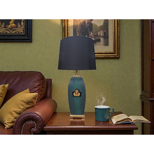 Metal Vintage Royal Lapel Badge Green Ceramic Table Lamp by Drexel Heritage For Sale - Image 7 of 13