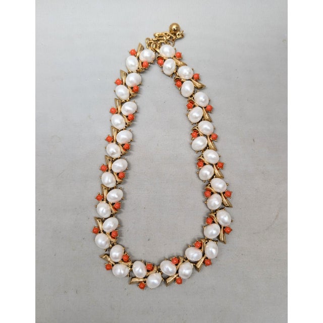 Vintage 1959 Signed Crown Trifari Faux-Pearl & Faux-Coral Collar Necklace For Sale - Image 10 of 10