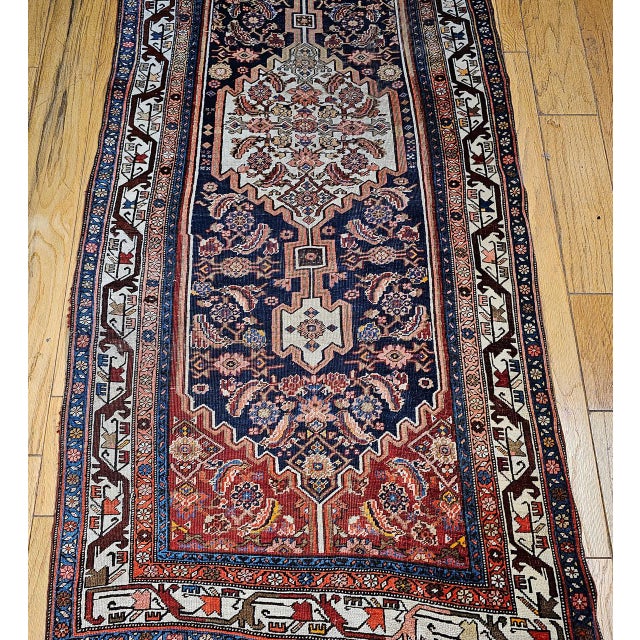 Vintage Persian Bidjar Wide Runner, Hand-Knotted Wool, Geometric Medallion Pattern, Navy & Ivory, 4x14 For Sale - Image 16 of 18