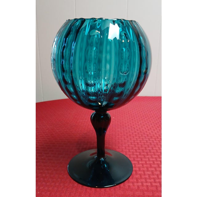 20thC. MCM Empoli Turquoise Optic Ribbed Glass Apothecary Jar, With Pedestal Base and Circus Tent Lid For Sale In San Diego - Image 6 of 8