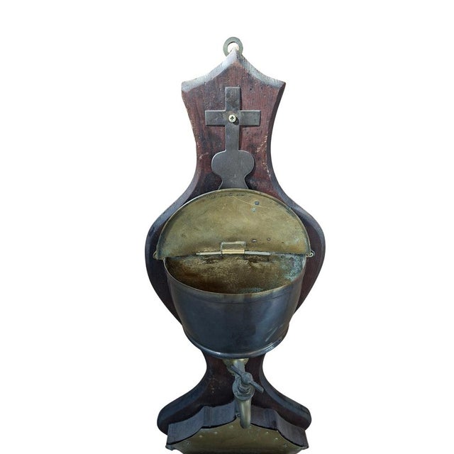 Brown Vintage Wall-Mounted Brass and Wood Washbasin with Cross, 1920 For Sale - Image 8 of 11