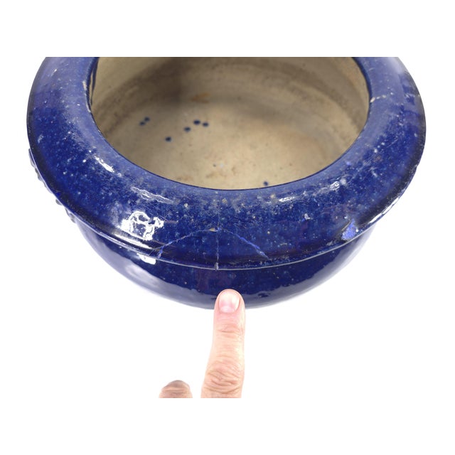 Ceramic Asian Signed Cobalt Blue Ceramic Bowl Pot Planter Lion Heads For Sale - Image 7 of 9