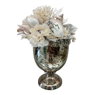 Luxury Coastal Arrangement With Nautilus, Mother-of-Pearl Shells, Coral & Silver Chalice Vase For Sale