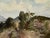 Original watercolor on paper depicting a mountainous landscape with a winding dirt road, trees, rocky outcrops and a broad...