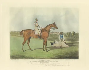 T. Sutherland, Illustration of the Winning Horse Barefoot and a Jockey, 1840, Print