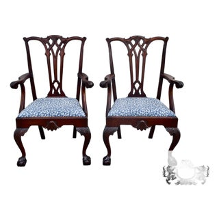 Antique Pair Mahogany Armchairs Chippendale Style Carved Ball Claw Foot Dining For Sale