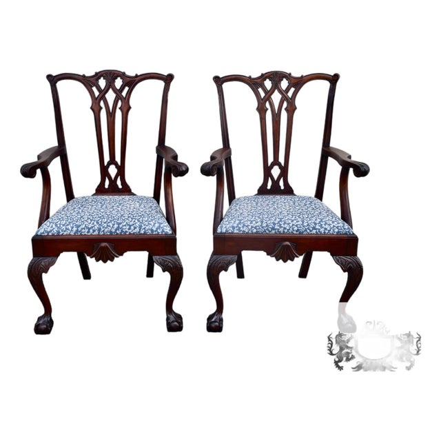 Antique Pair Mahogany Armchairs Chippendale Style Carved Ball Claw Foot Dining For Sale