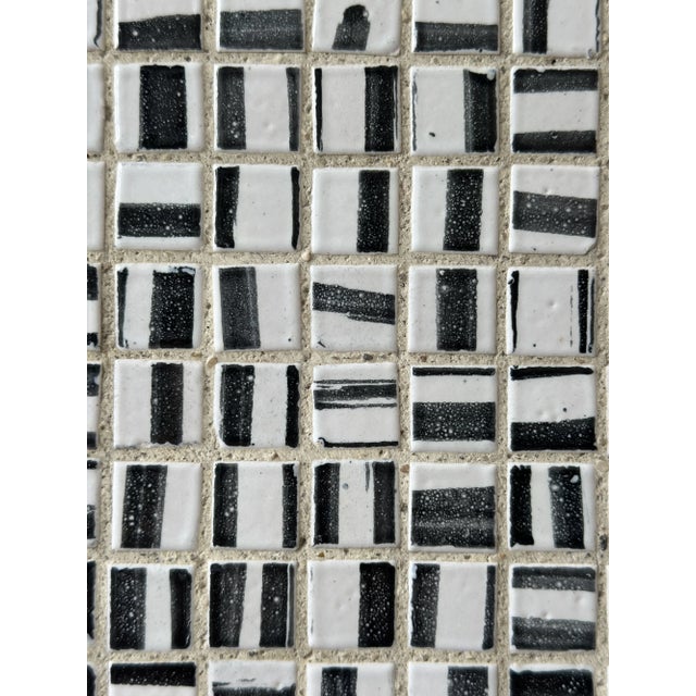 White Vintage Black + White Glazed Ceramic Tile Artwork in Teak Frame, Circa 1950s For Sale - Image 8 of 14