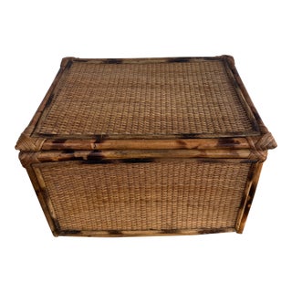Late 20th Century Large Hinged Tortoise Bamboo and Woven Cane Storage Box For Sale