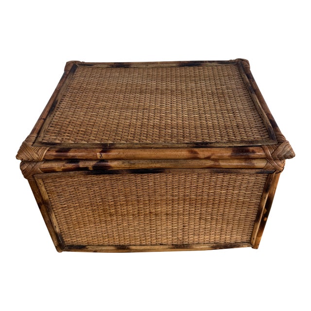 Late 20th Century Large Hinged Tortoise Bamboo and Woven Cane Storage Box For Sale