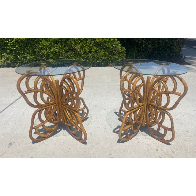 Boho Chic Vintage Rattan Butterfly Side Tables, a Pair of Boho-Chic Gems For Sale - Image 3 of 11