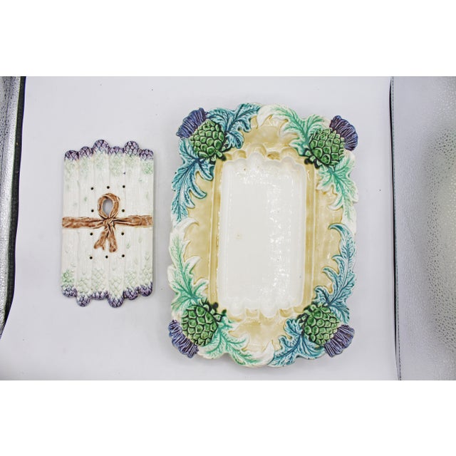 Circa 1900 French Majolica Asparagus Serving Tray With Drainer & Sauce Boat For Sale In Raleigh - Image 6 of 11