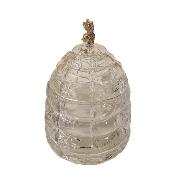 Mid-Century Modern Waterford Marquis Crystal Honey Box Jar With Goldtone Metal Bee - Original Label For Sale - Image 3 of 7